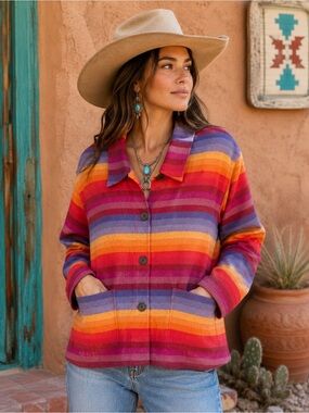 Coldwater Creek Linen Cotton Sunset Stripe Jacket Petite XL Boho Santa Fe
